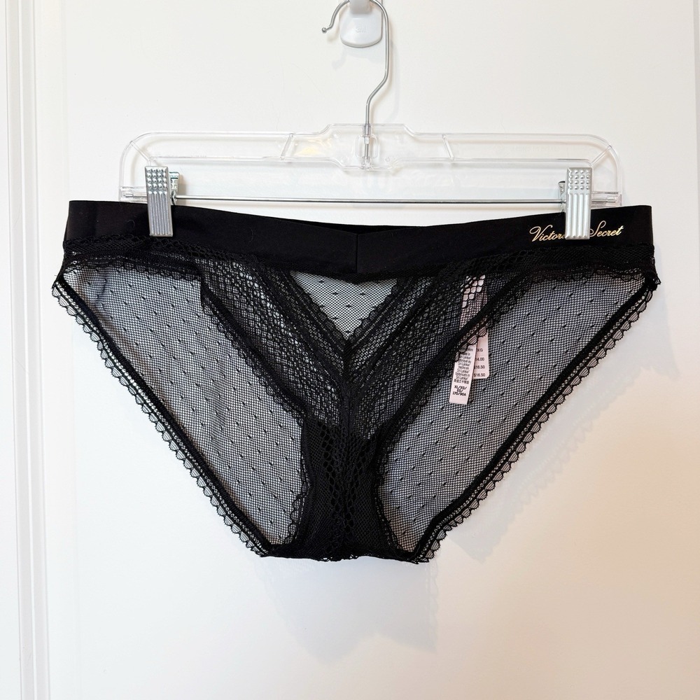 Victorias Secret Womens Lace‎ Brazilian Bikini Underwear Large Black Sheer NWT
